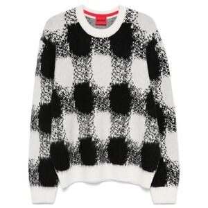 $589 HUGO Boss Shequer Wool Alpaca Blend Oversized Sweater Black White Check XL